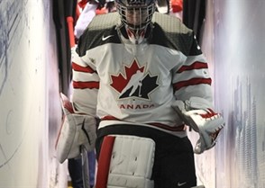 TORONTO, CANADA - DECEMBER 29: Canada's Carter Hart #31 exits the ice following warm up prior to a preliminary round game against Latvia at the 2017 IIHF World Junior  Championship. (Photo by Chris Tanouye/HHOF-IIHF Images)
