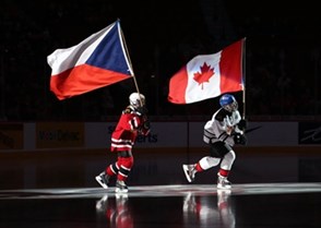 MONTREAL, CANADA - JANUARY 2: Canadian and Czech Republic flag bearers take to the for the opening ceremonies of the quarterfinal round game at the 2017 IIHF World Junior Championship. (Photo by Andre Ringuette/HHOF-IIHF Images)

